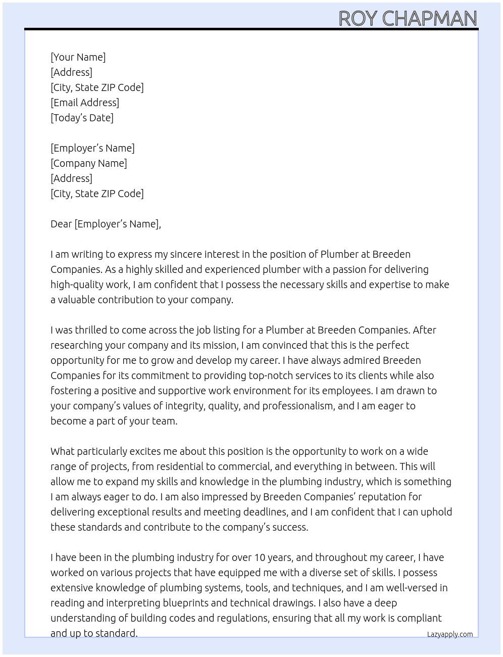 Plumber At Breeden Companies Cover Letter