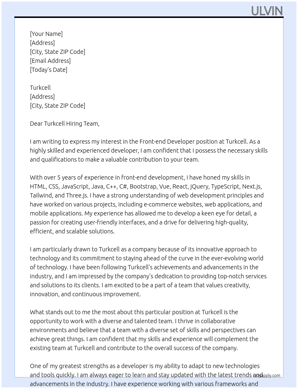 Front-end developer At Turkcell Cover Letter