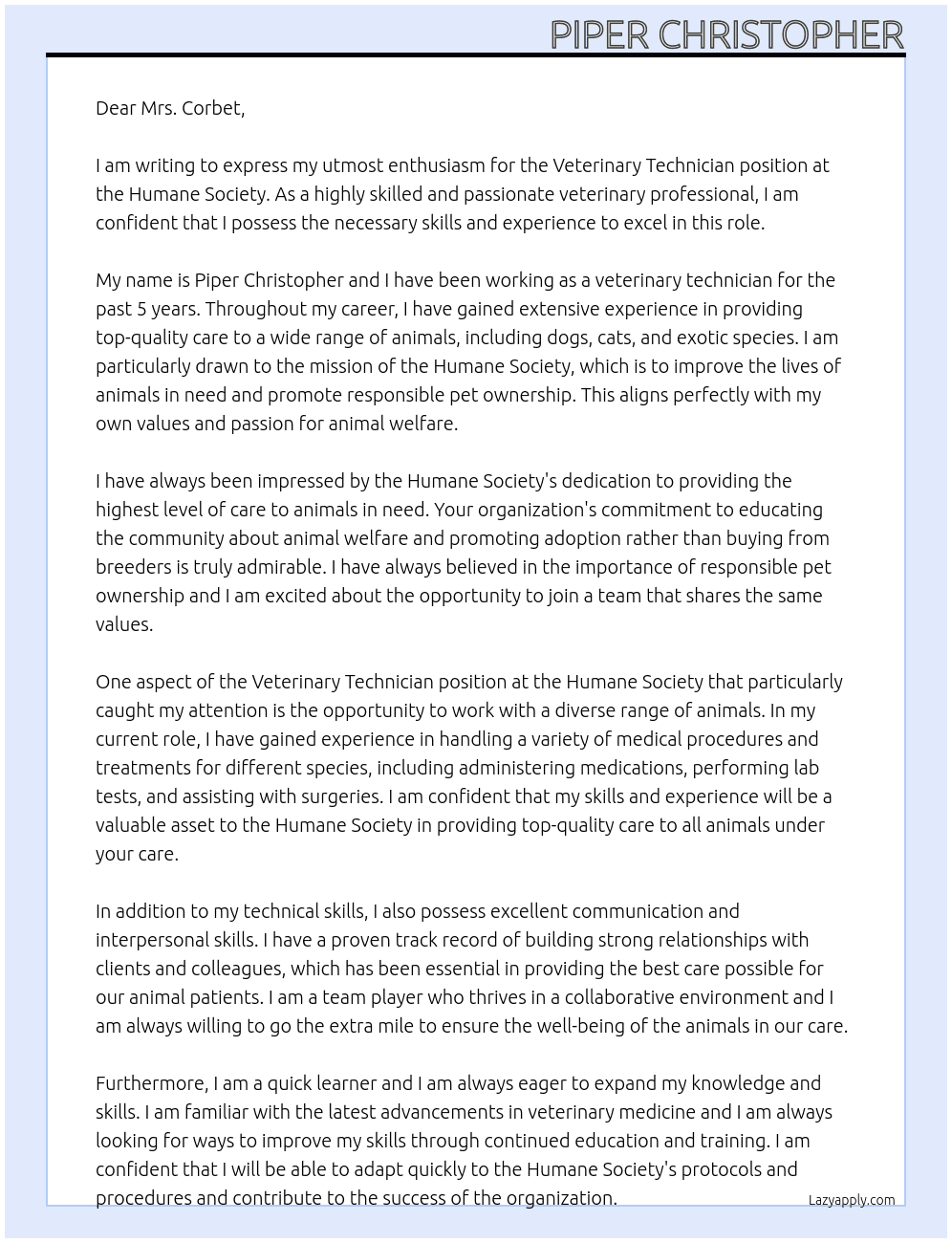 Veterinary technician At Humane Society Cover Letter