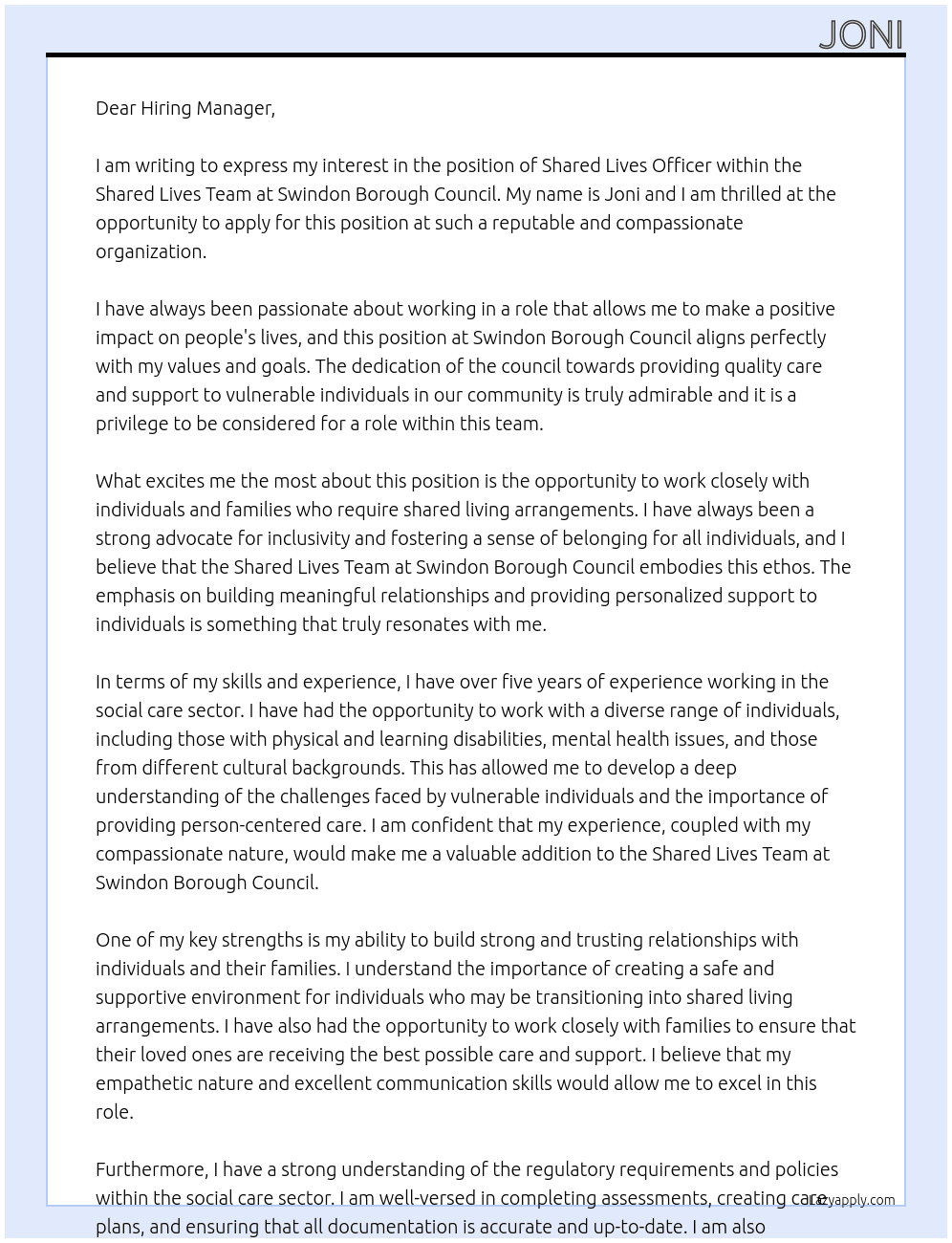 Shared Lives Officer - Shared Lives Team At Swindon Borough Council Cover Letter