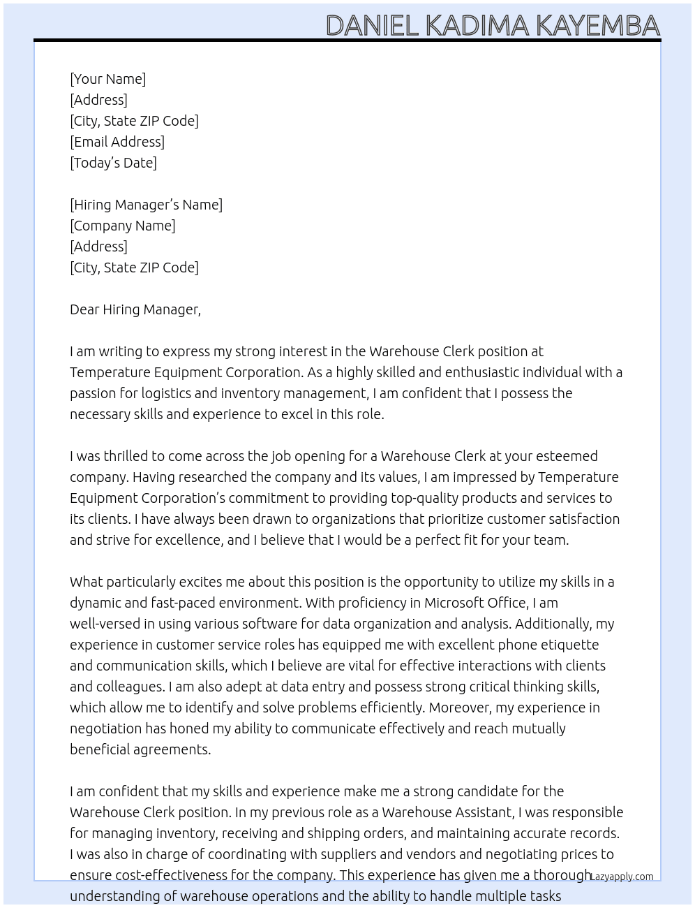 Warehouse Clerk At Temperature Equipment Corporation Cover Letter