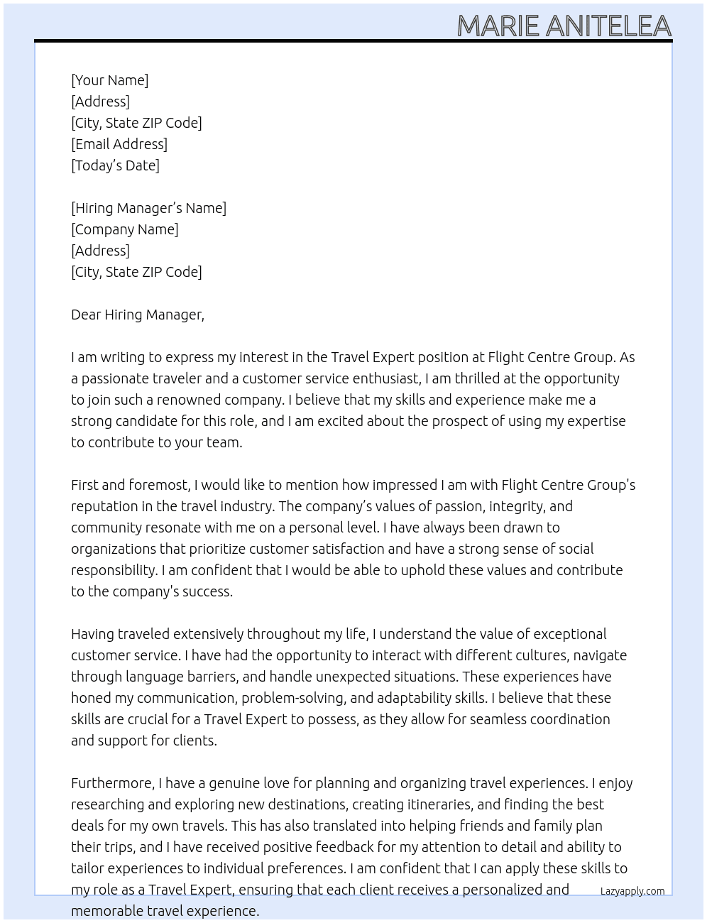 Travel Expert At Flight Centre Group Cover Letter