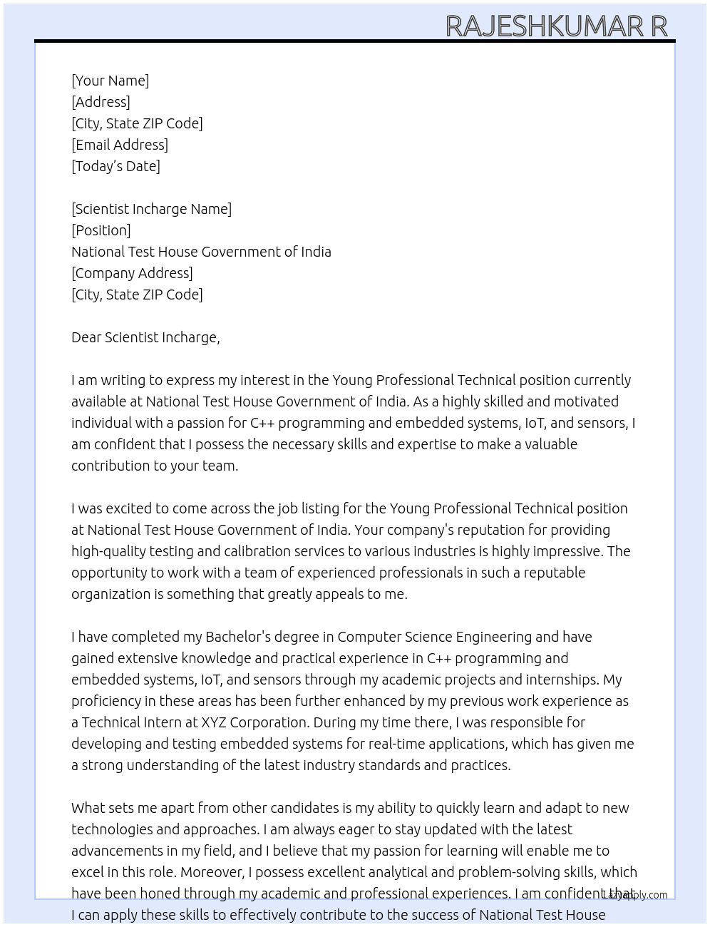 Young Professional Technical  At National Test House Government of india  Cover Letter