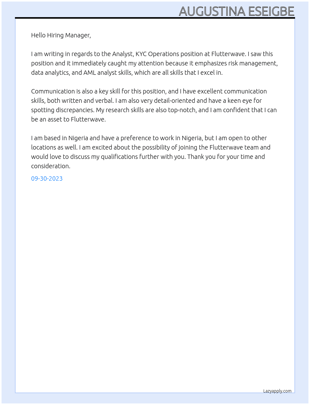 Analyst, KYC Operations At Flutterwave Cover Letter