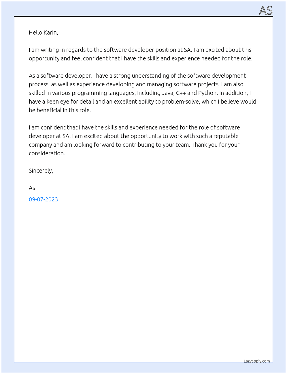 software developer At sa Cover Letter
