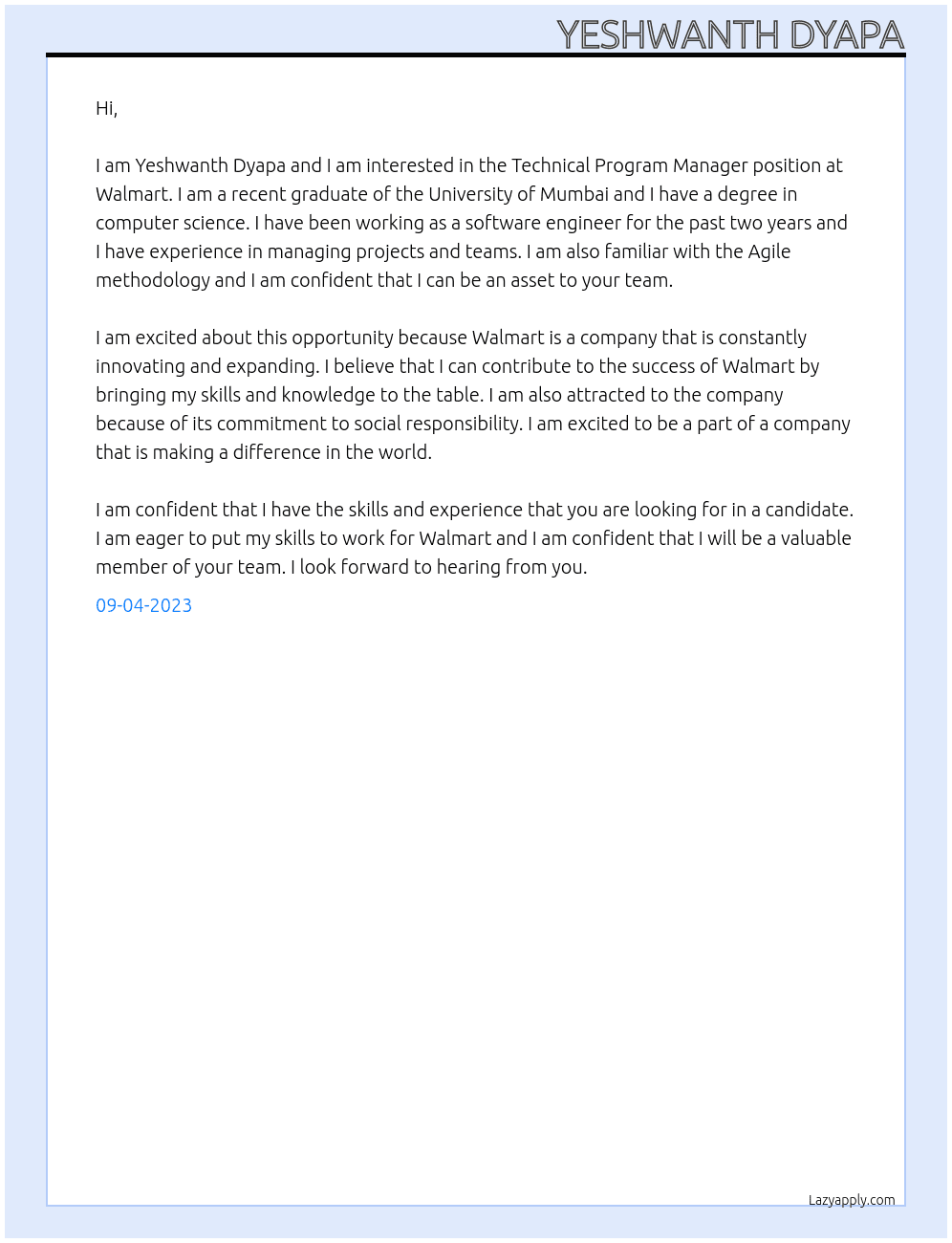 Technical Program Manager At Walmart Cover Letter