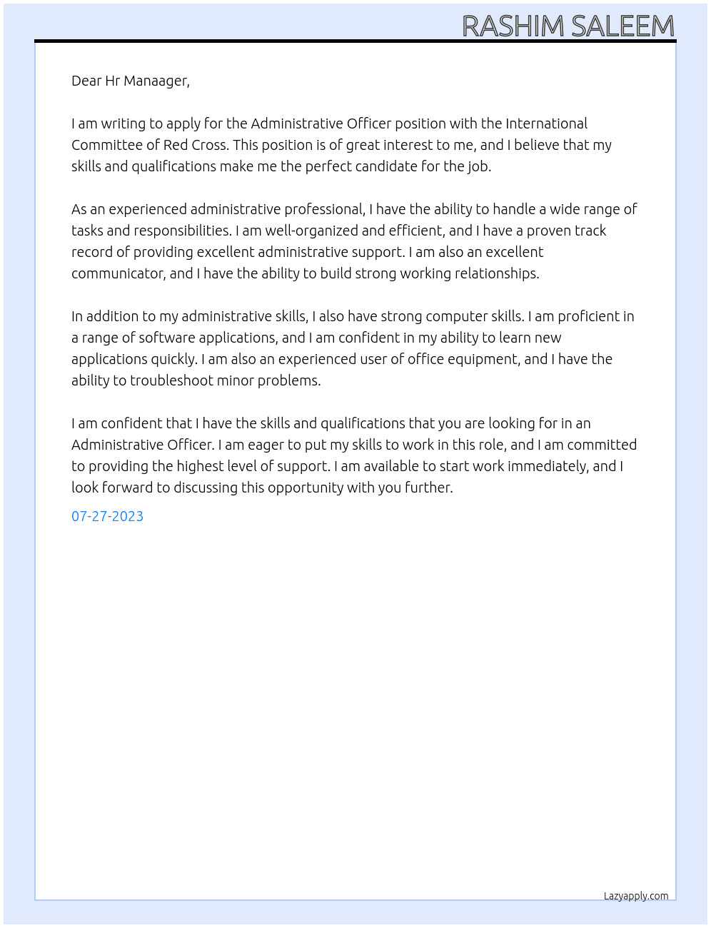 Administrative Officer At International Committee of Red Cross Cover Letter