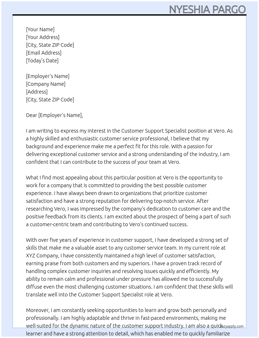 Customer Support Specialist At Vero Cover Letter