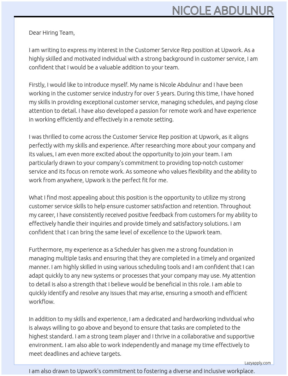 Customer Service Rep At Upwork position  Cover Letter