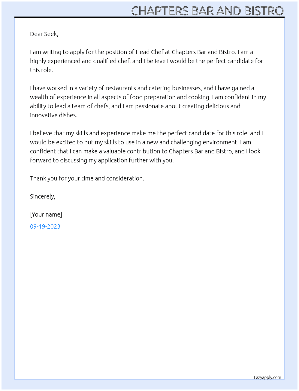 head chef At seek Cover Letter