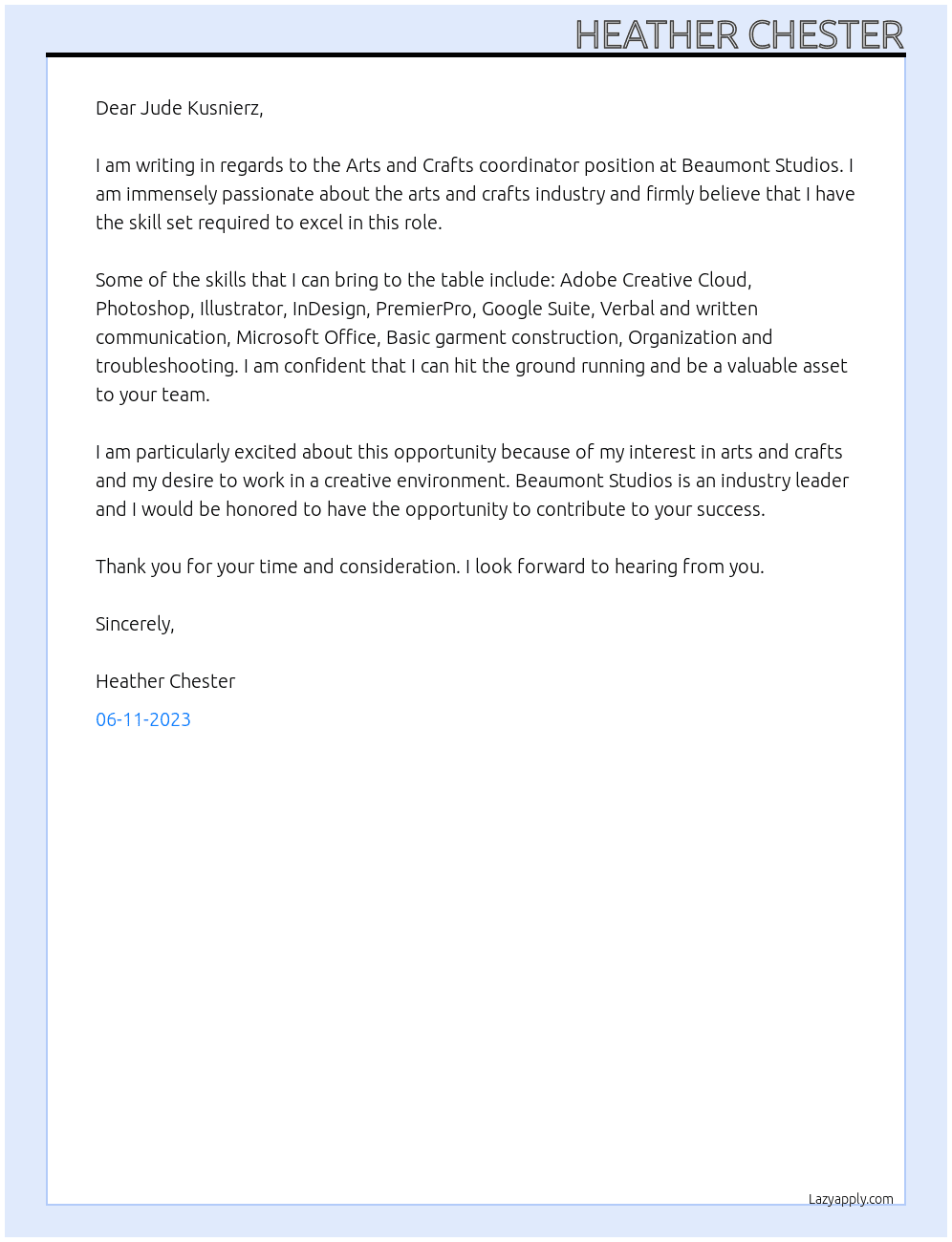 Arts and Crafts coordinator  At Beaumont Studios  Cover Letter
