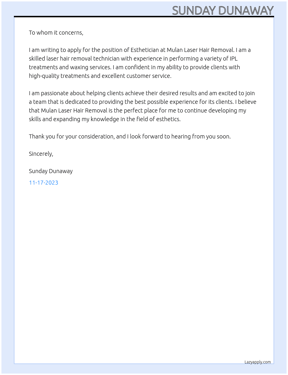 Esthetician At Mulan Laser Hair Removal Cover Letter