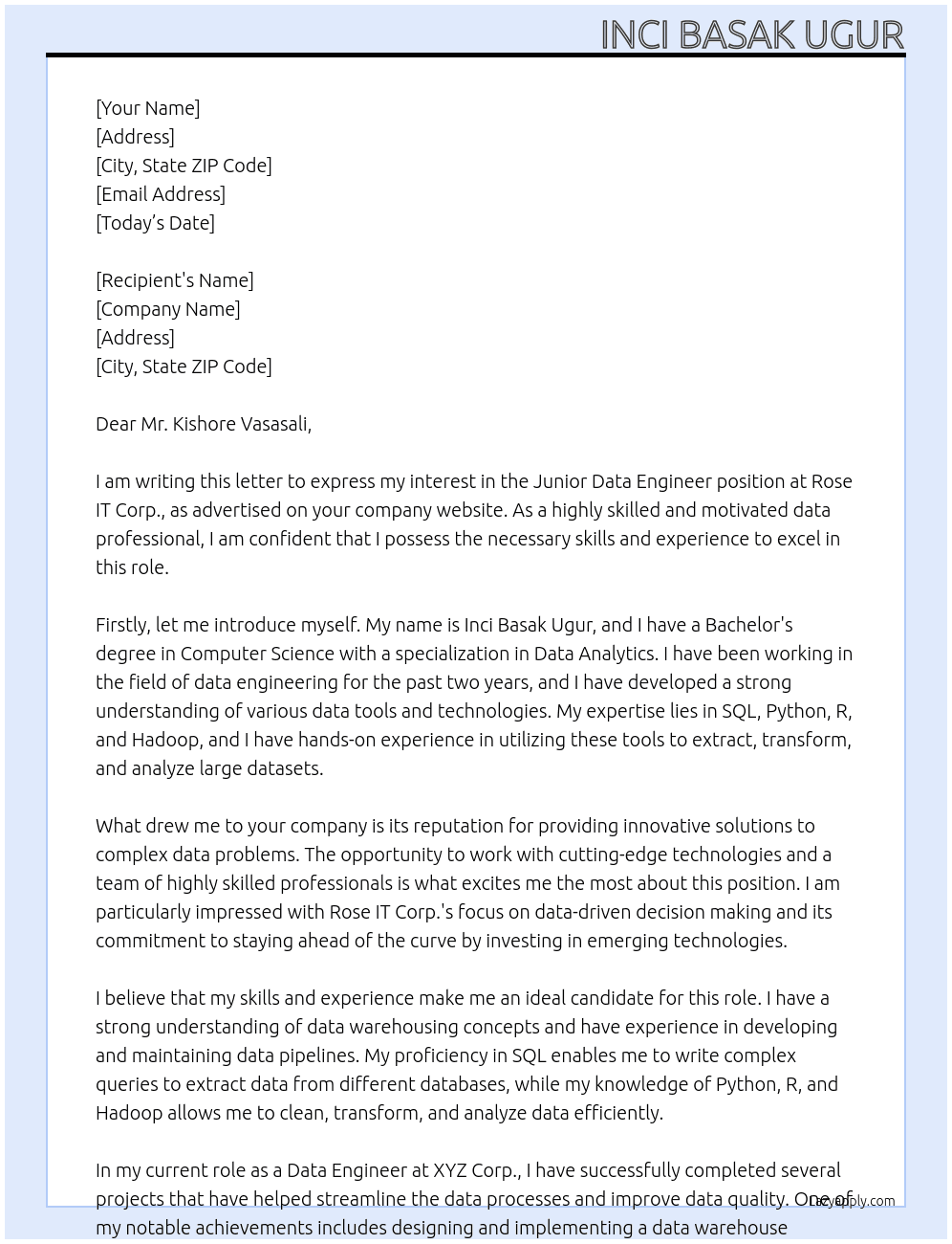 Junior Data Engineer At Rose IT Corp.  Cover Letter