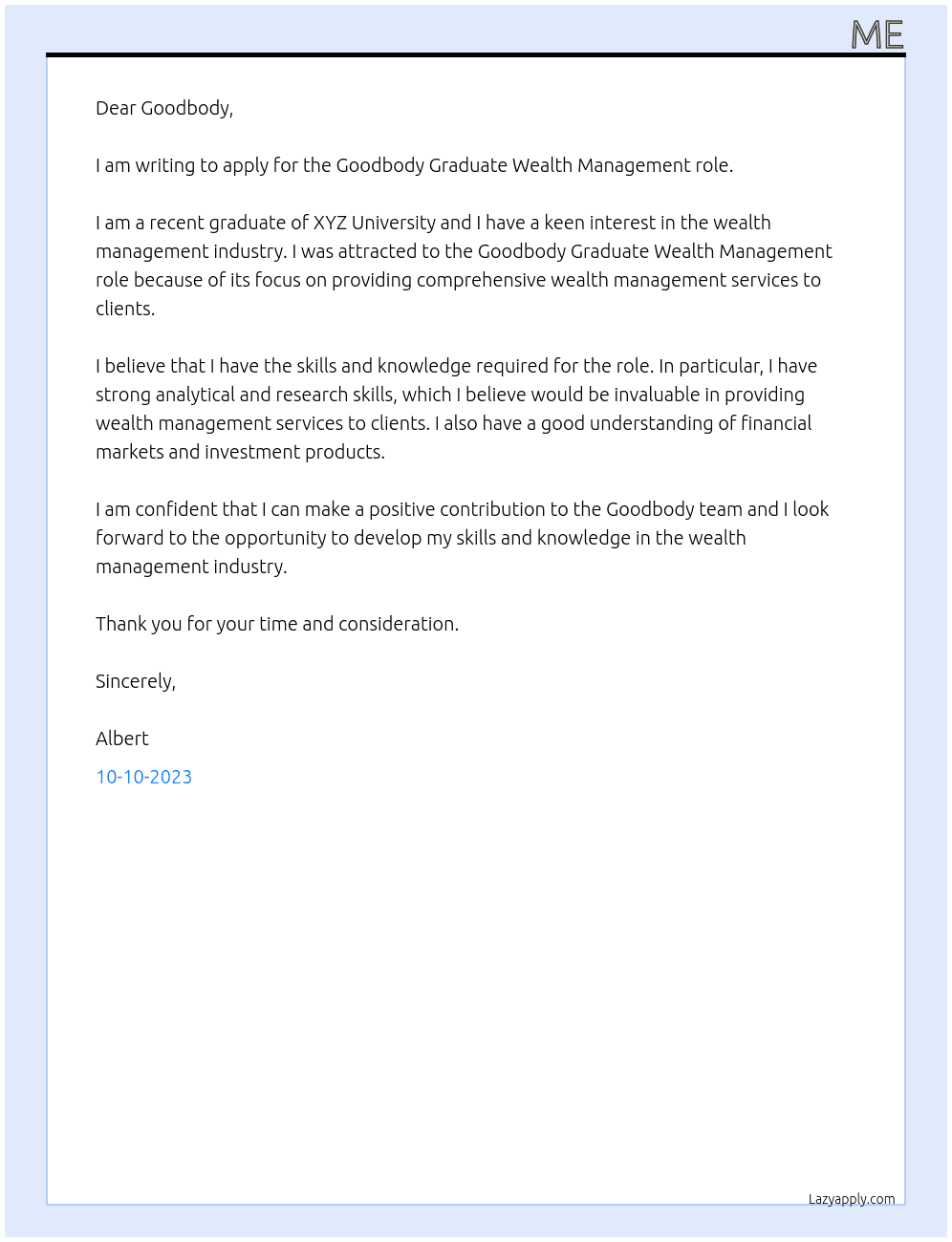 goodbody graduate welath managment At goodbody Cover Letter
