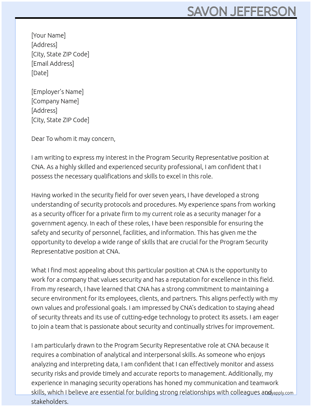 Program Security Representative  At CNA Cover Letter