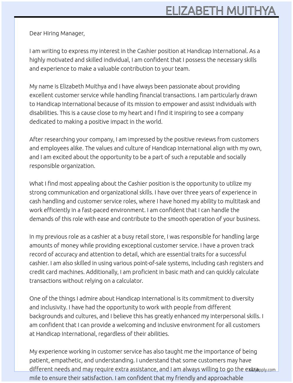 Cashier  At Handicap international  Cover Letter