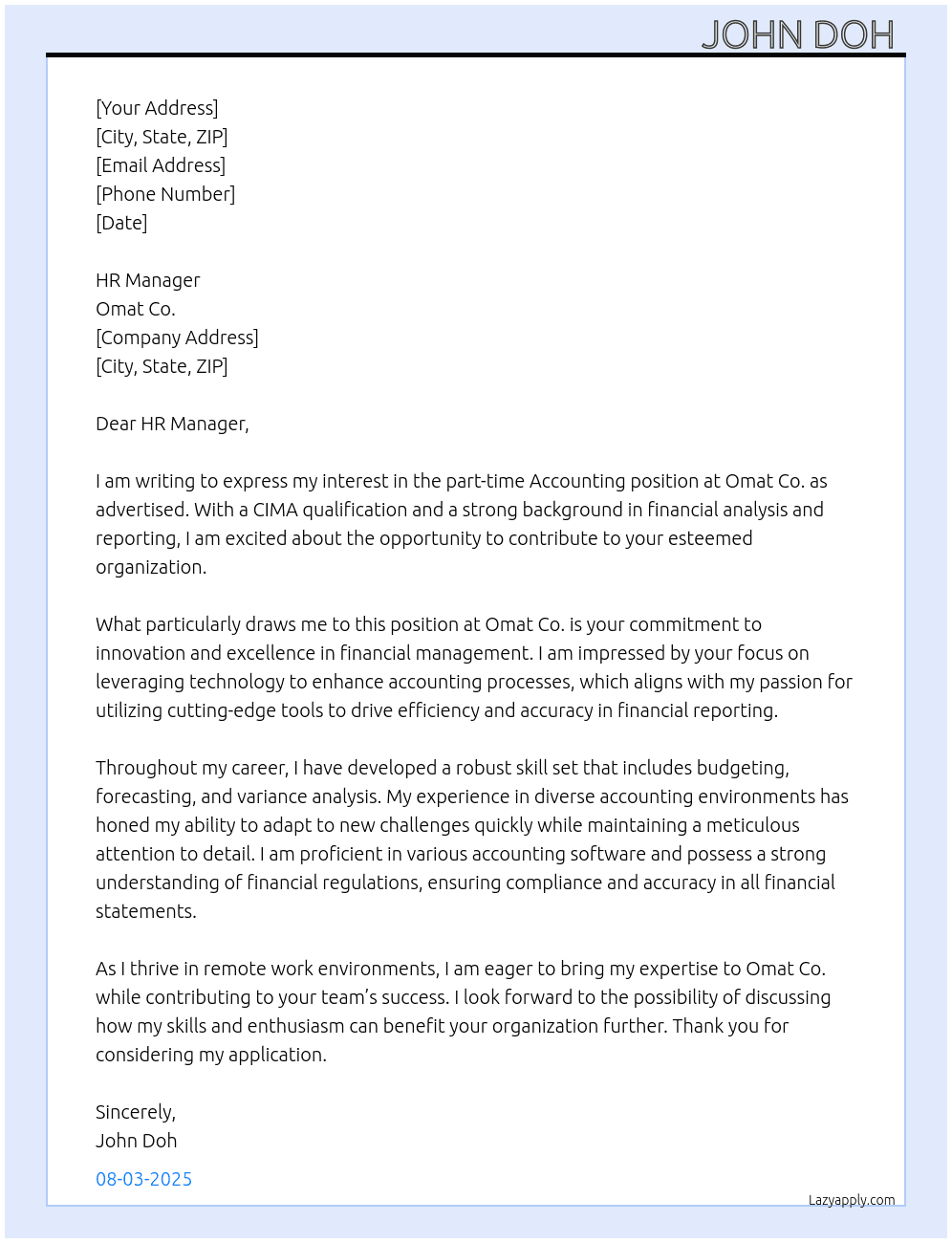 Accounting  At Omat Co. Cover Letter