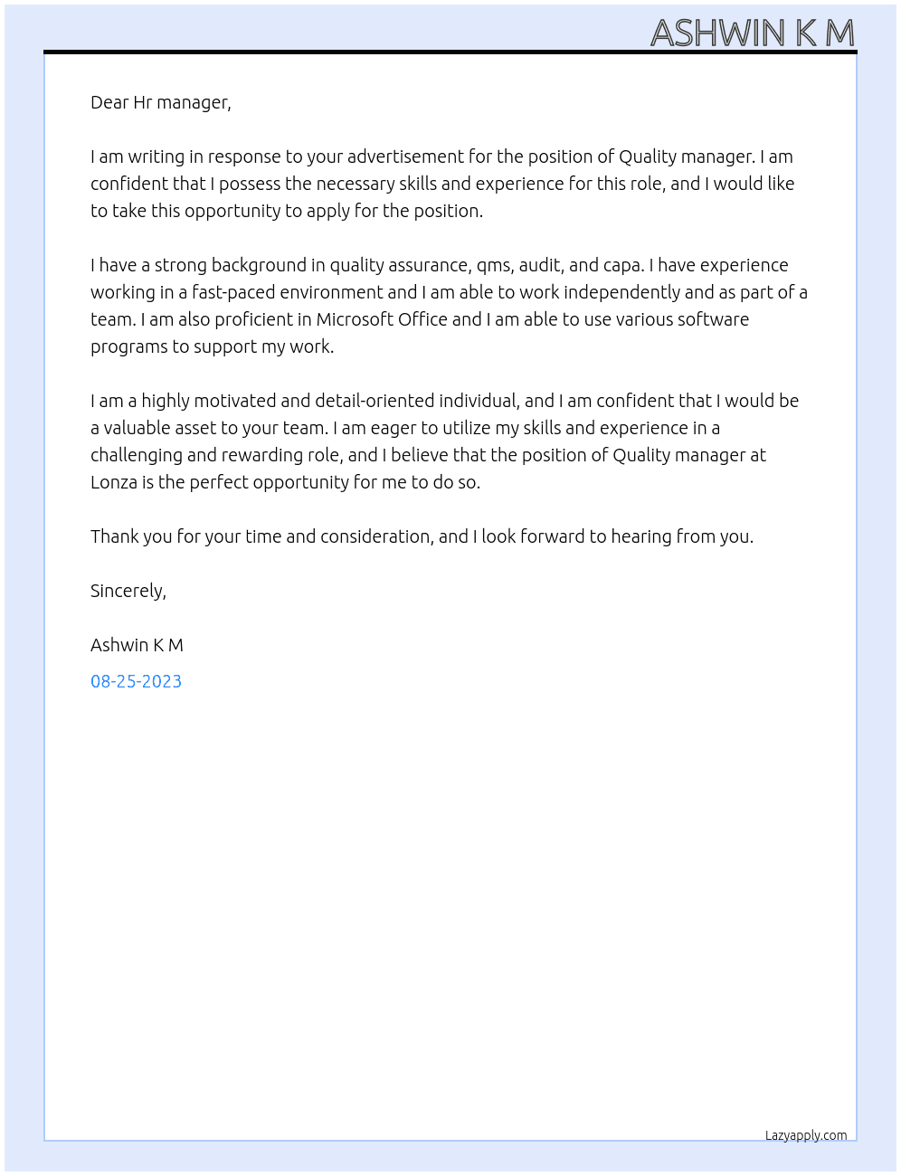 Quality manager At Lonza Cover Letter
