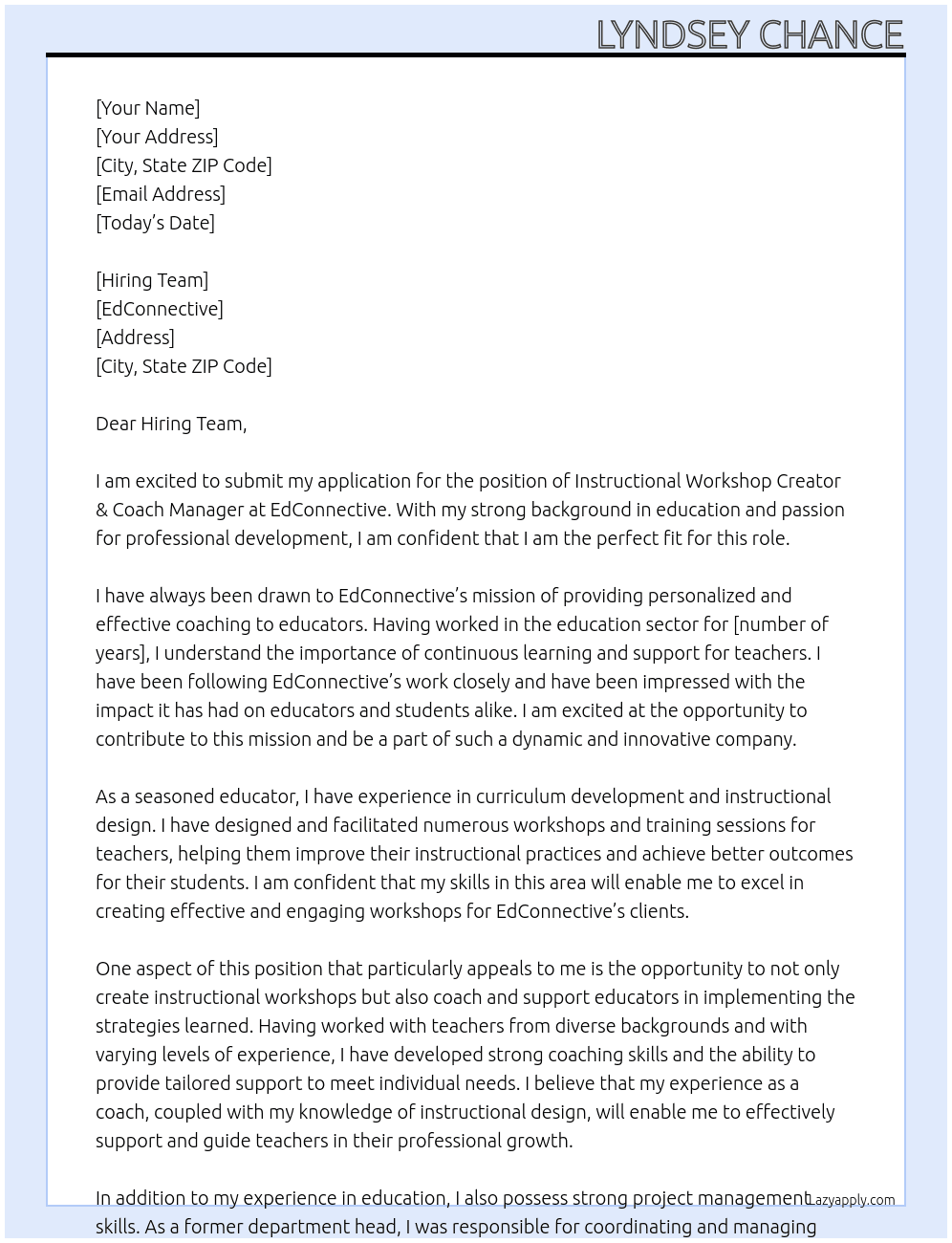 Instructional Workshop Creator & Coach Manager At EdConnective Cover Letter