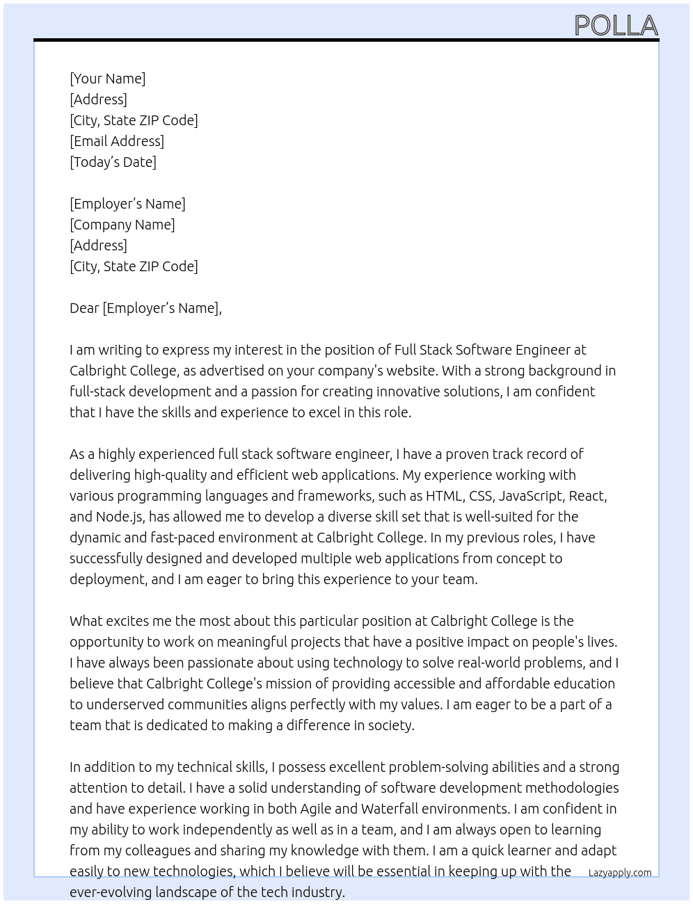 Full Stack Software Engineer  At Calbright college Cover Letter