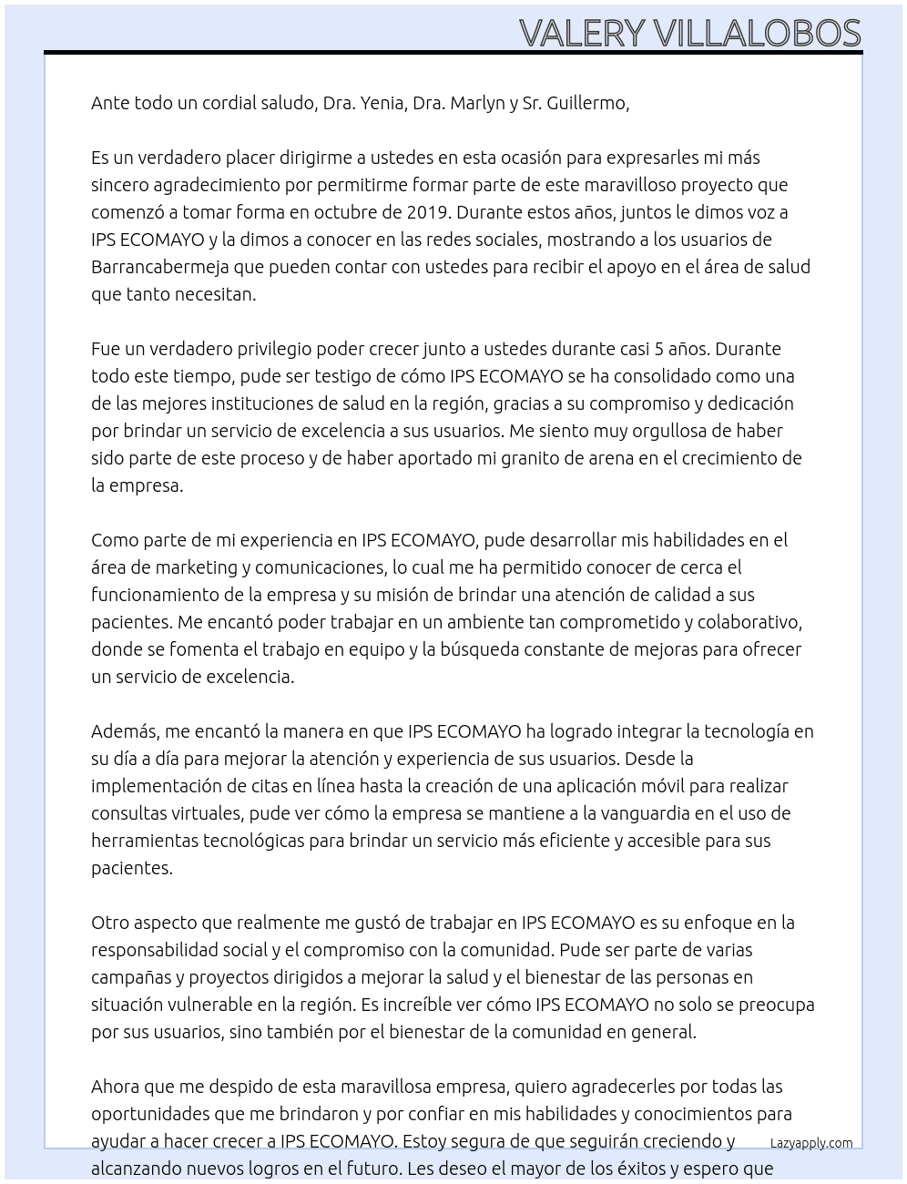 Carta de agradecimiento At IPS ECOMAYO Cover Letter