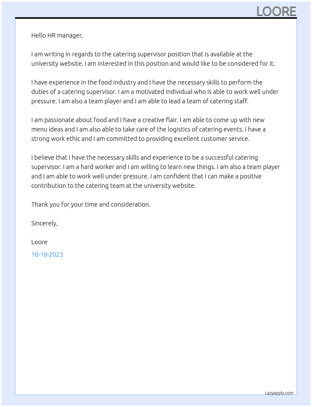 catering supervisor At university website Cover Letter
