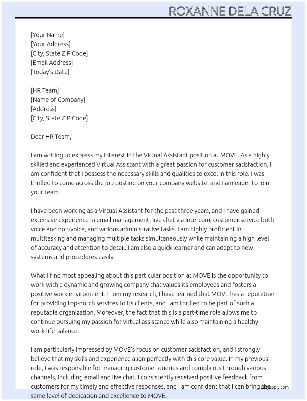 Virtual Assistant At MOVE Cover Letter