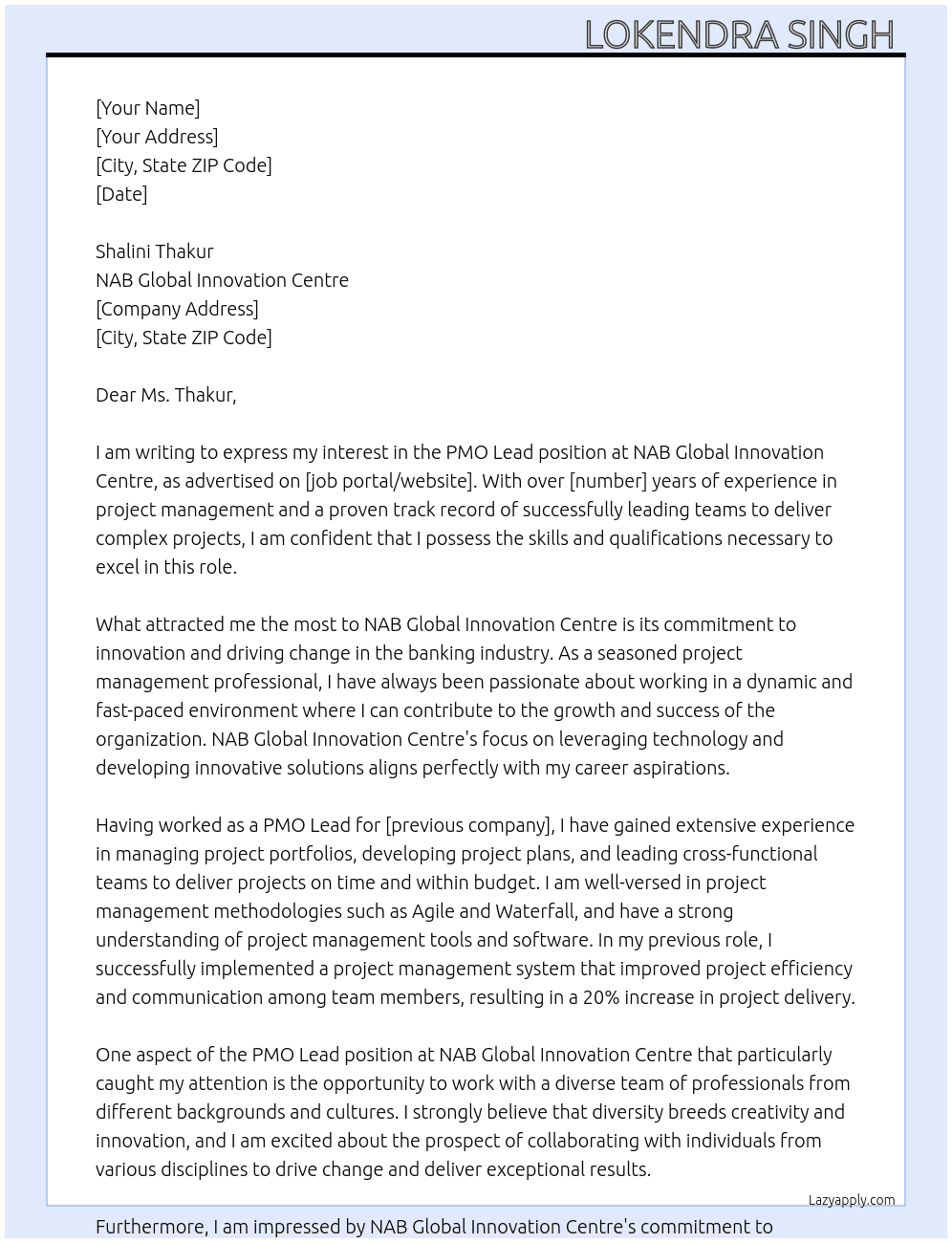 PMO Lead At NAB Global Innovation Centre  Cover Letter