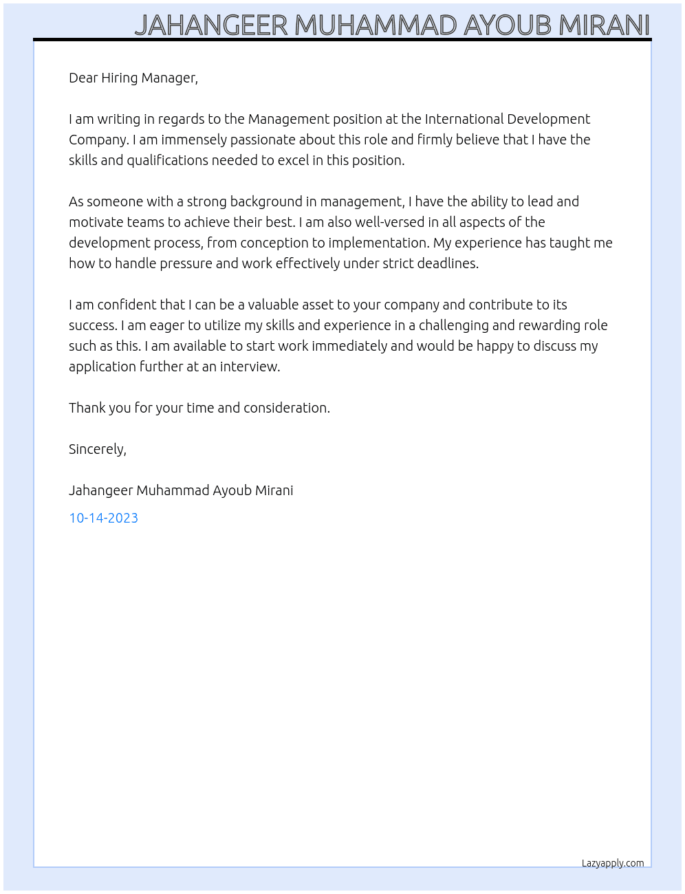 Management  At International Development Company Cover Letter
