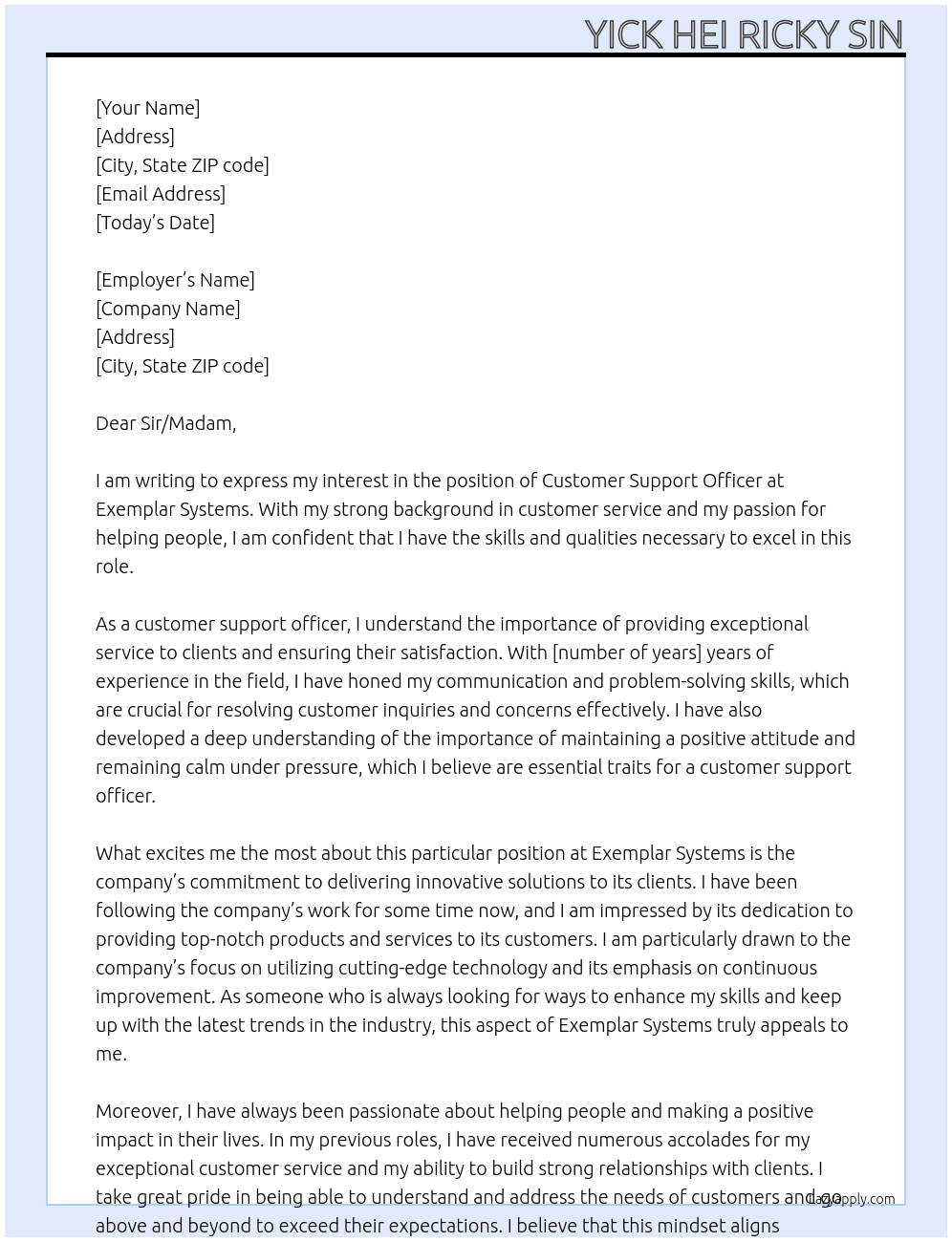 customer support officer  At Exemplar Systems Cover Letter