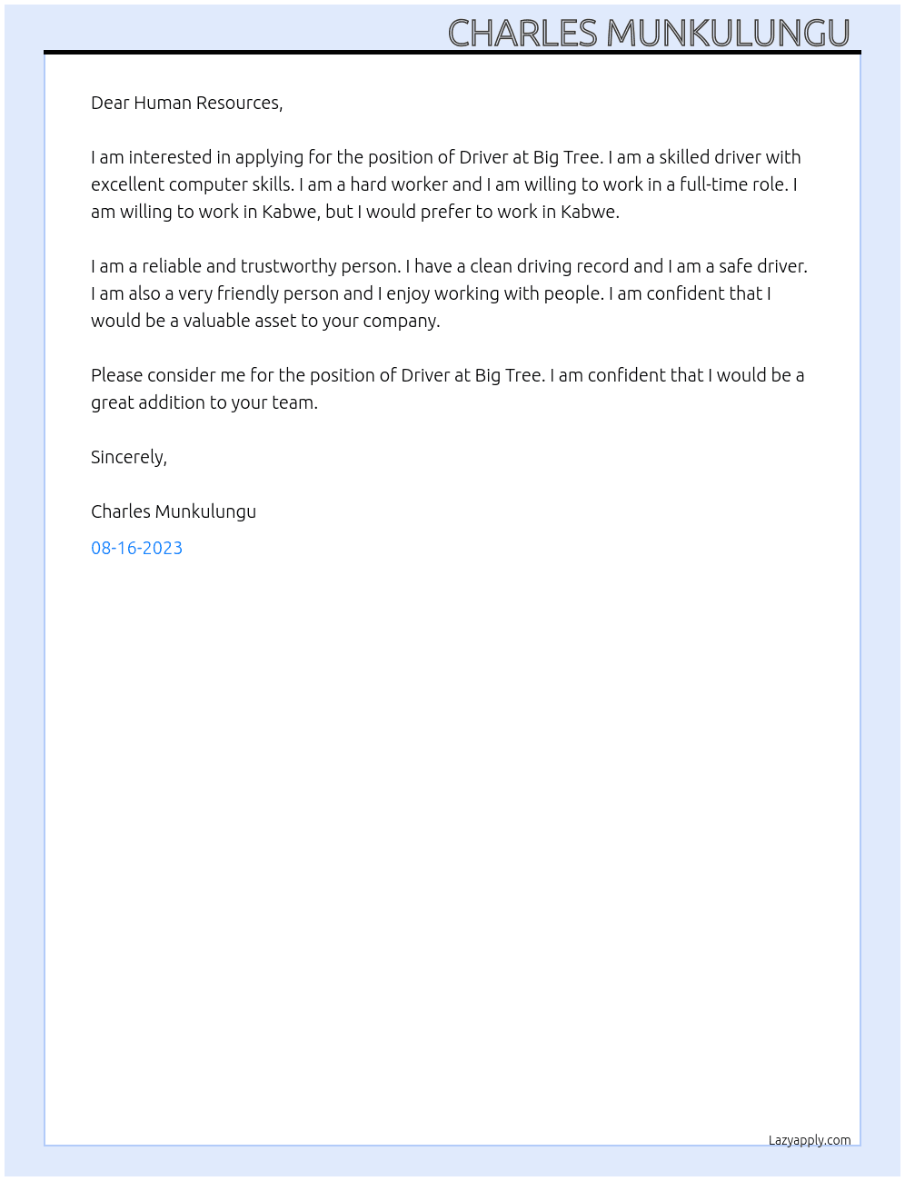Driver At Big Tree Cover Letter