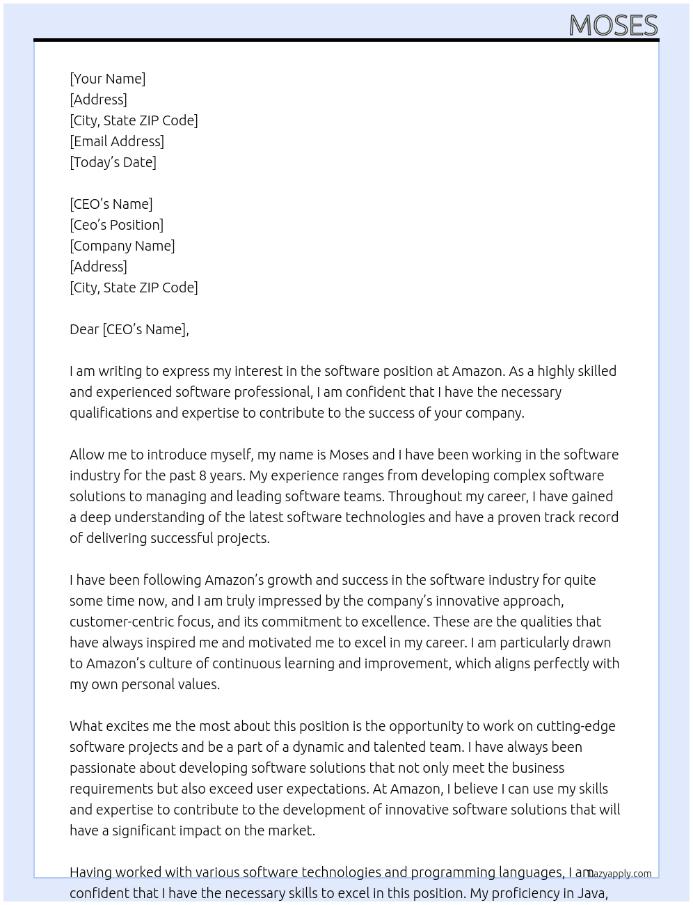 software At amamzon  Cover Letter