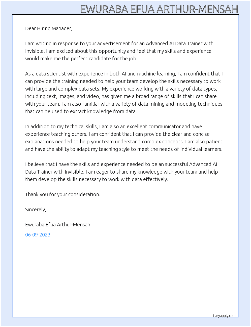 Advanced AI Data Trainer At Invinsible Cover Letter