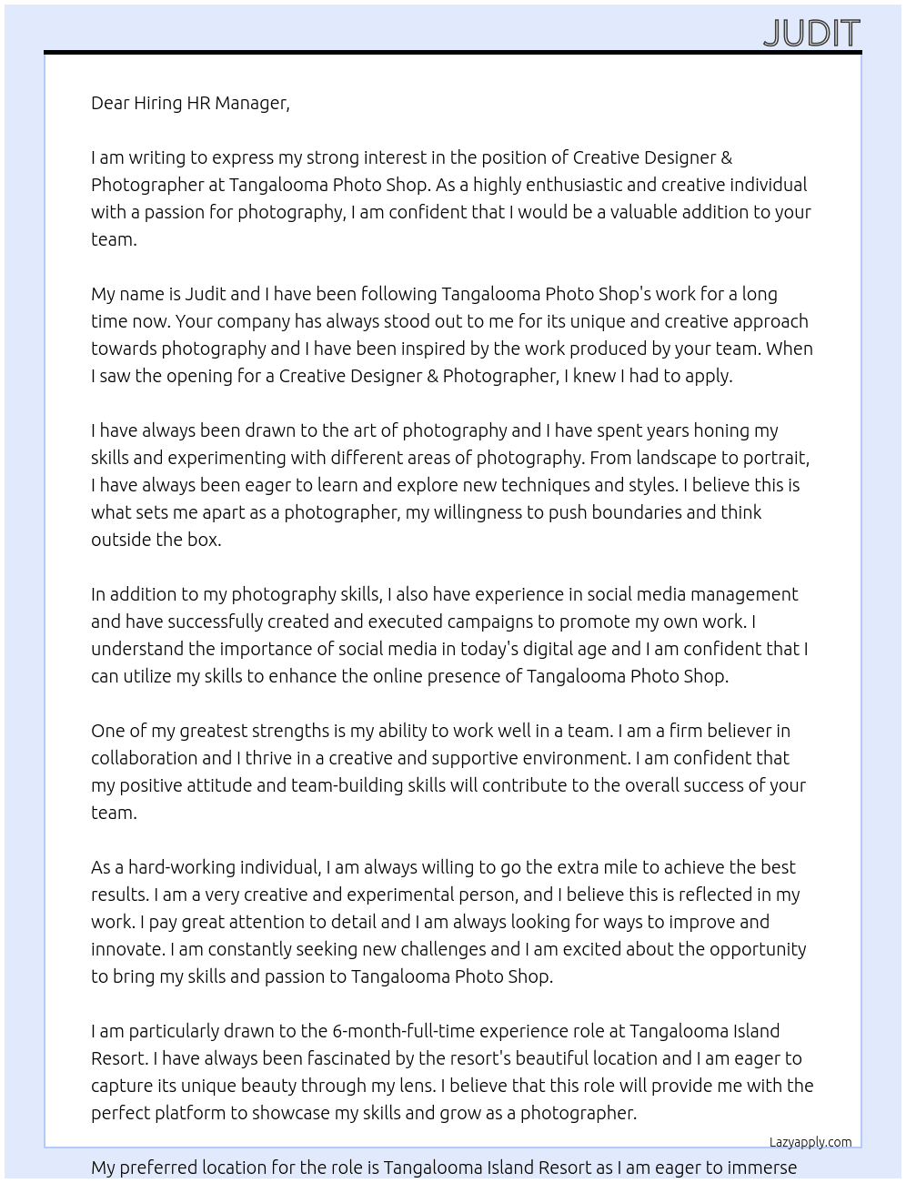 Creative Designer & Photographer At Tangalooma Photo Shop Cover Letter