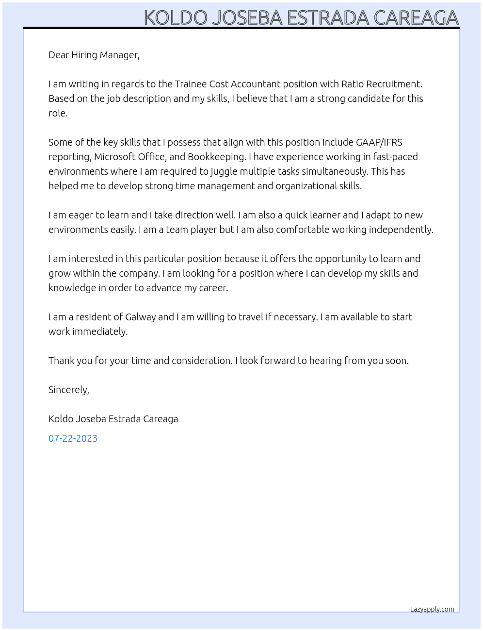 Trainee Cost Accountant At Ratio Recruitment Cover Letter