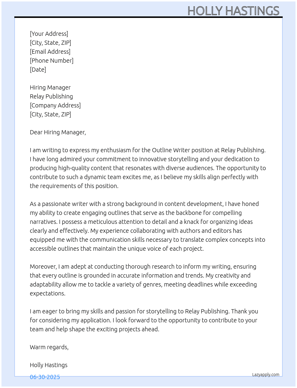 Outline Writer At Relay Publishing  Cover Letter