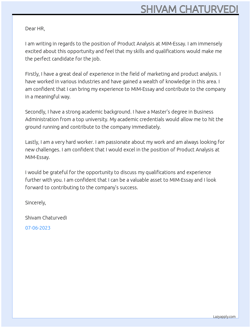Product analysis At MiM-Essay Cover Letter