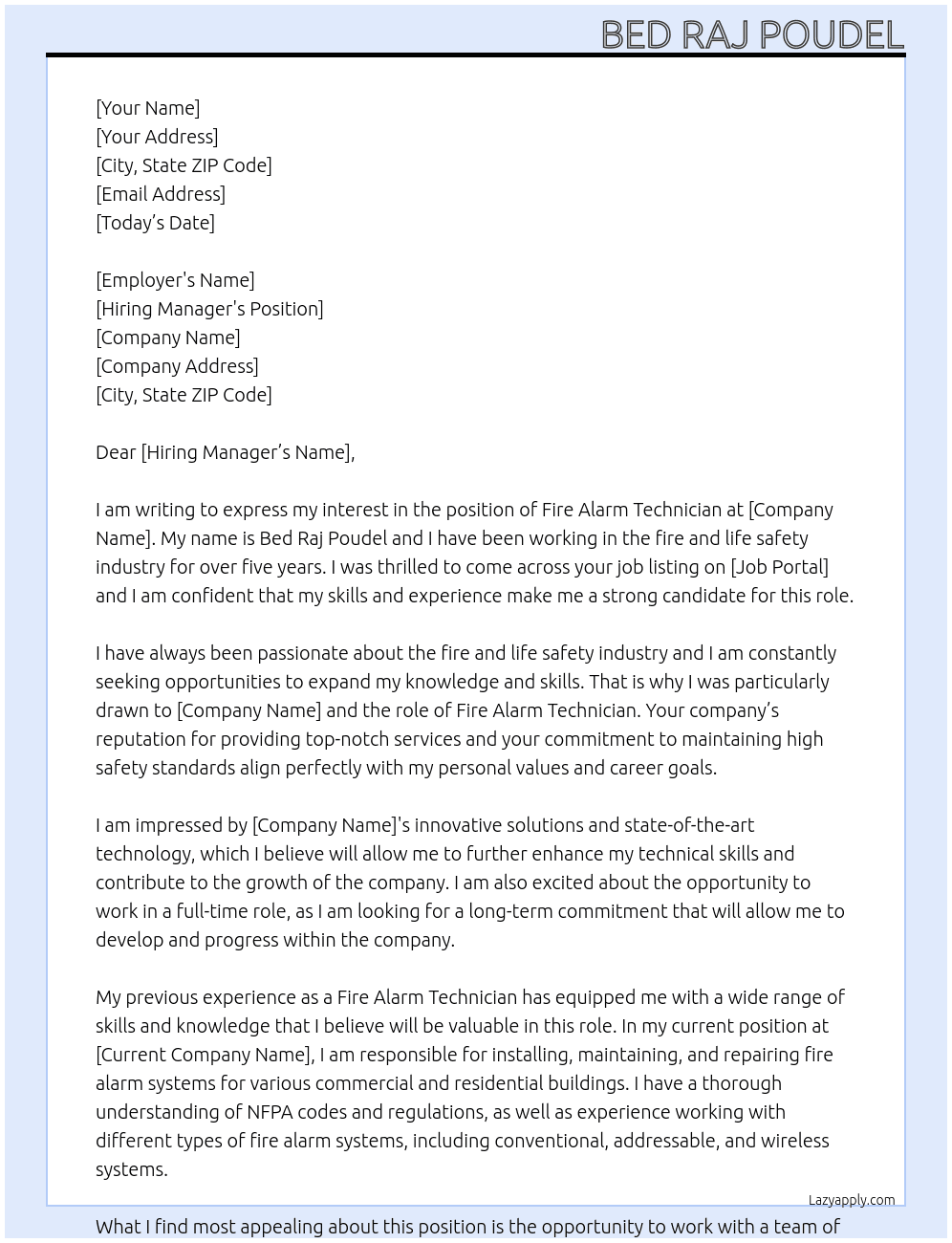 Fire alarm technician  At lxbfyeaa.Doha Cover Letter