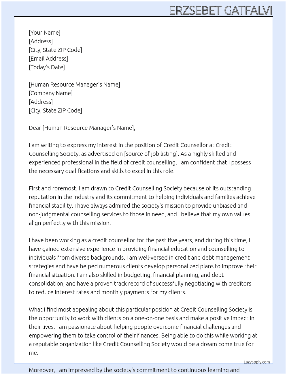 credit counsellor At Credit Counselling Society Cover Letter