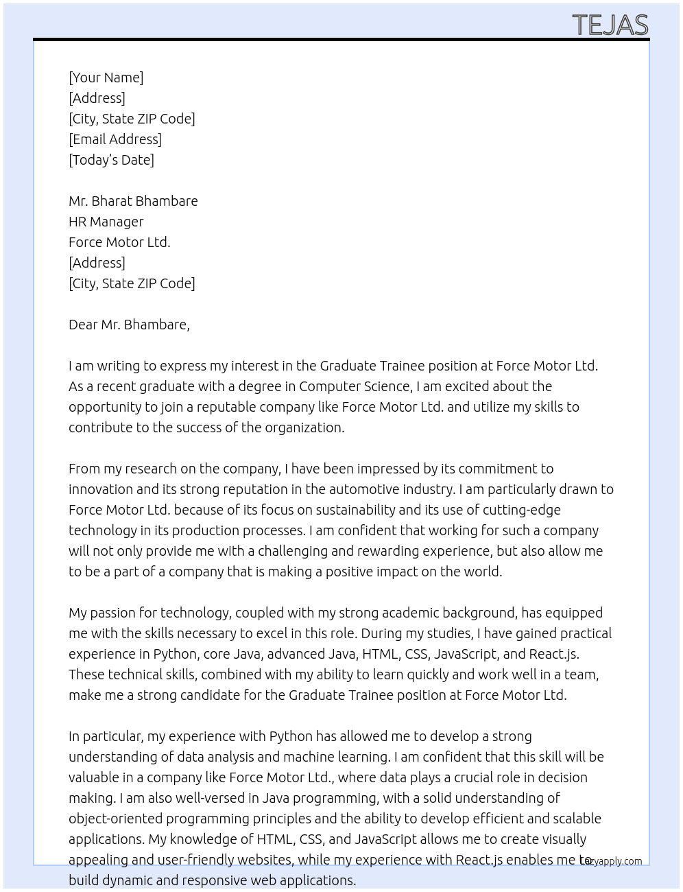 Graduate Trainee At Force Motor ltd. Cover Letter