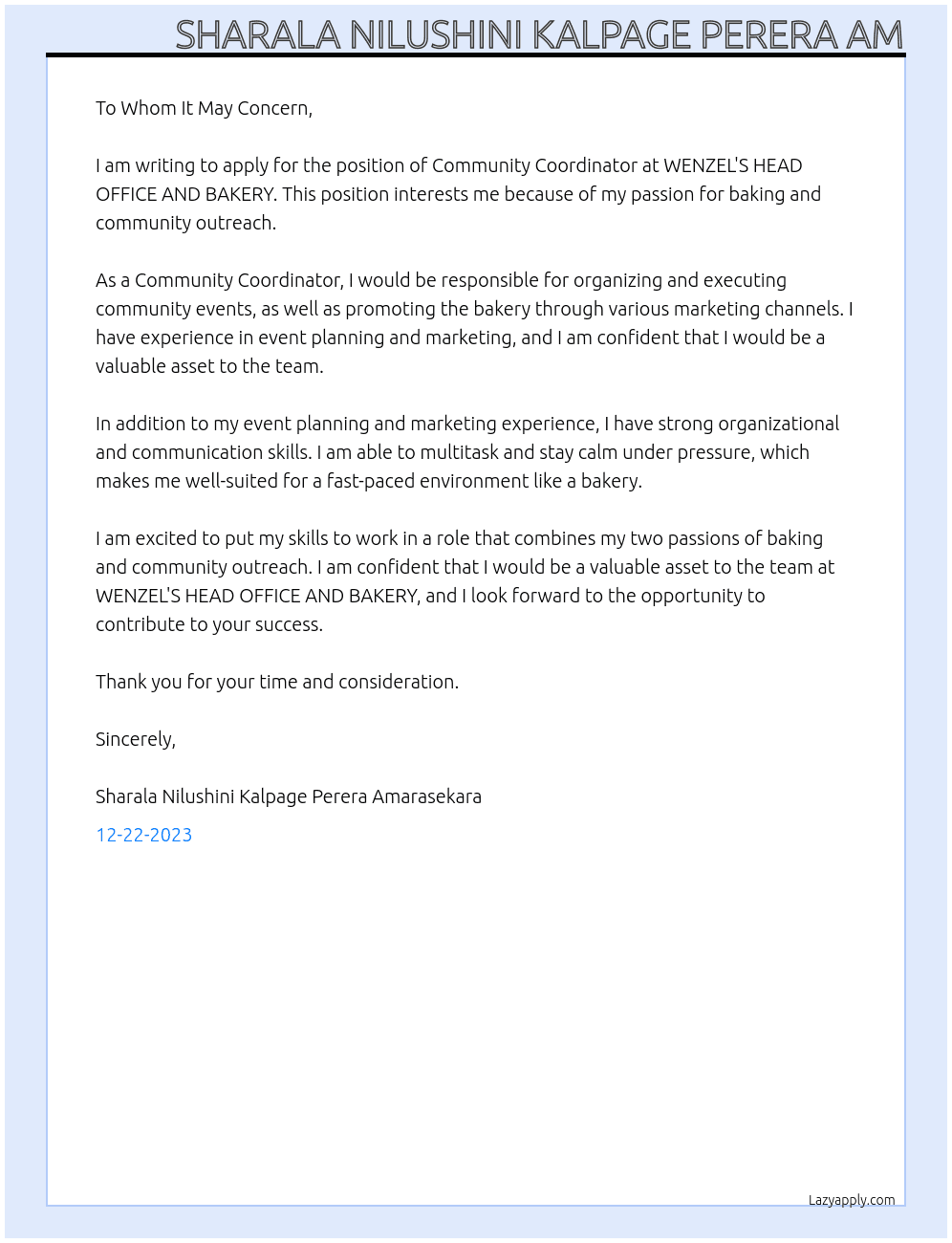 Community Coordinator At WENZEL'S HEAD OFFICE AND BAKERY Cover Letter
