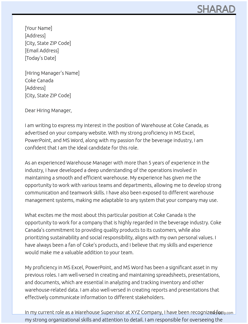 warehouse At cokecanada.com Cover Letter