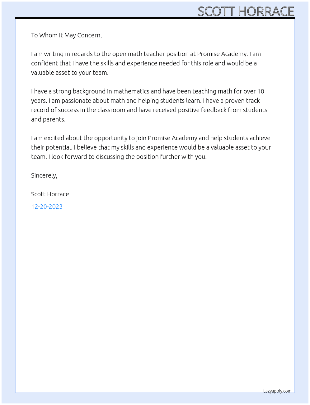 Math teacher At Promise Academy  Cover Letter