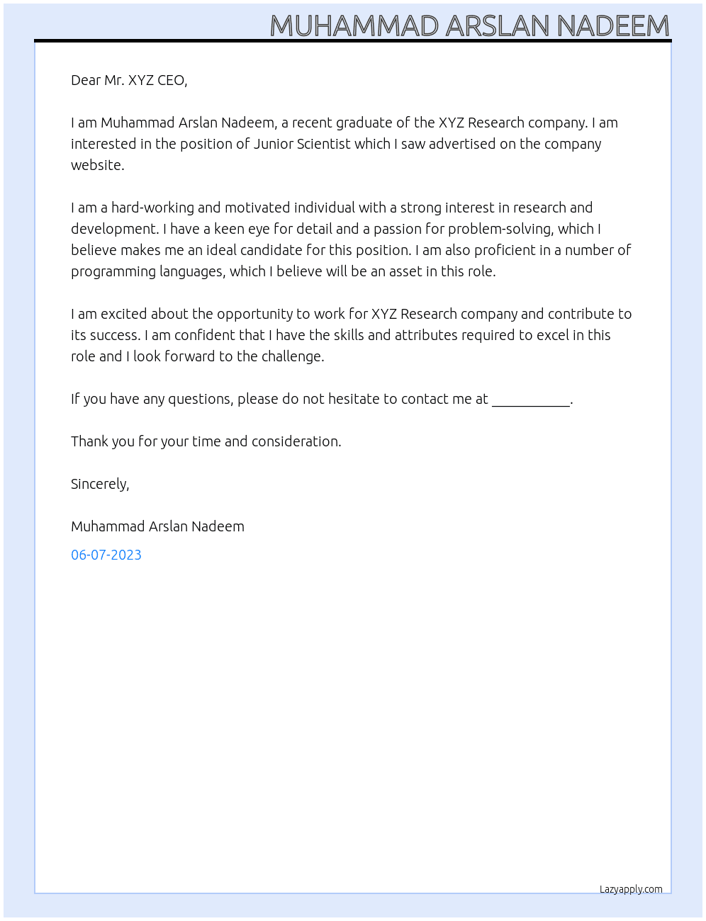 Junior Scientist At XYZ Research company Cover Letter