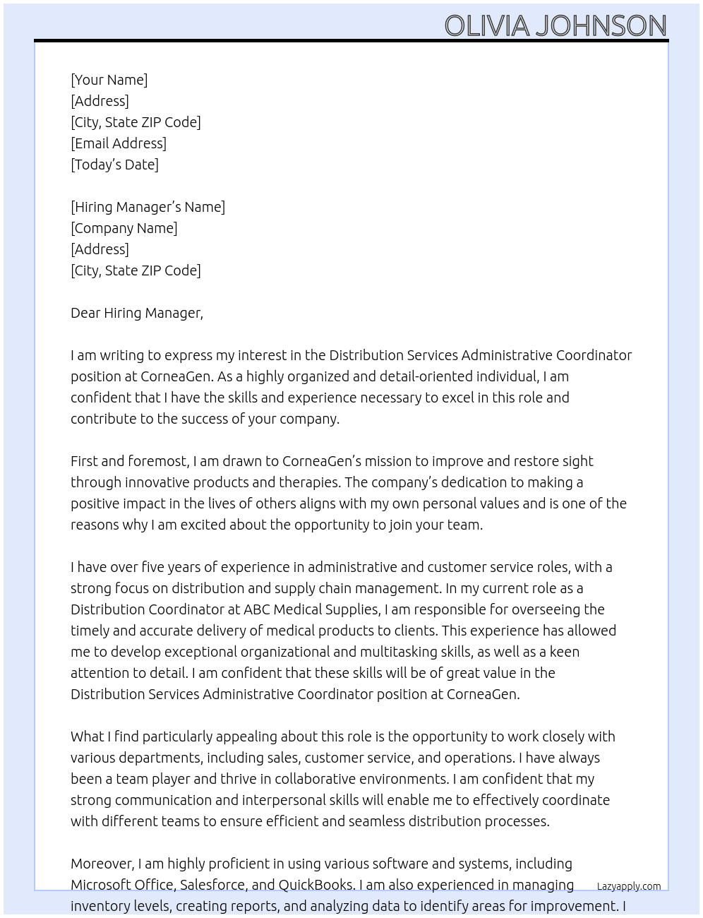 Distribution Services Administrative Coordinator At CorneaGen Cover Letter
