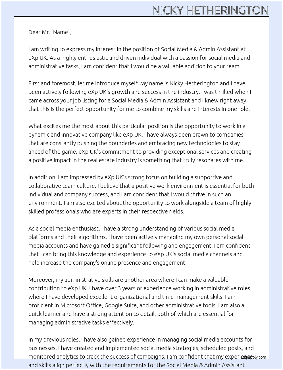 Social Media & Admin Assistant At eXp UK Cover Letter