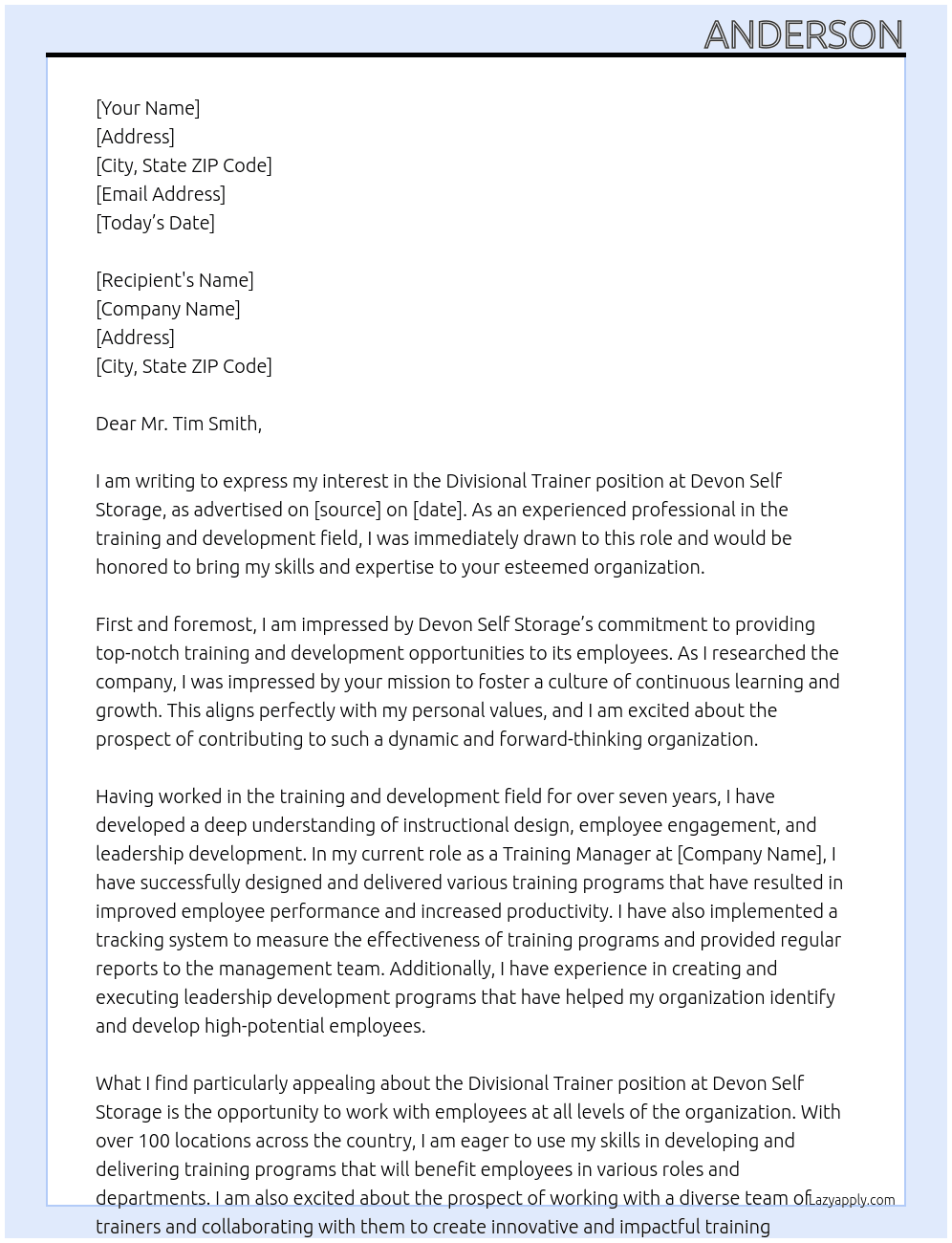 divisional trainer At Devon Self Storage Cover Letter
