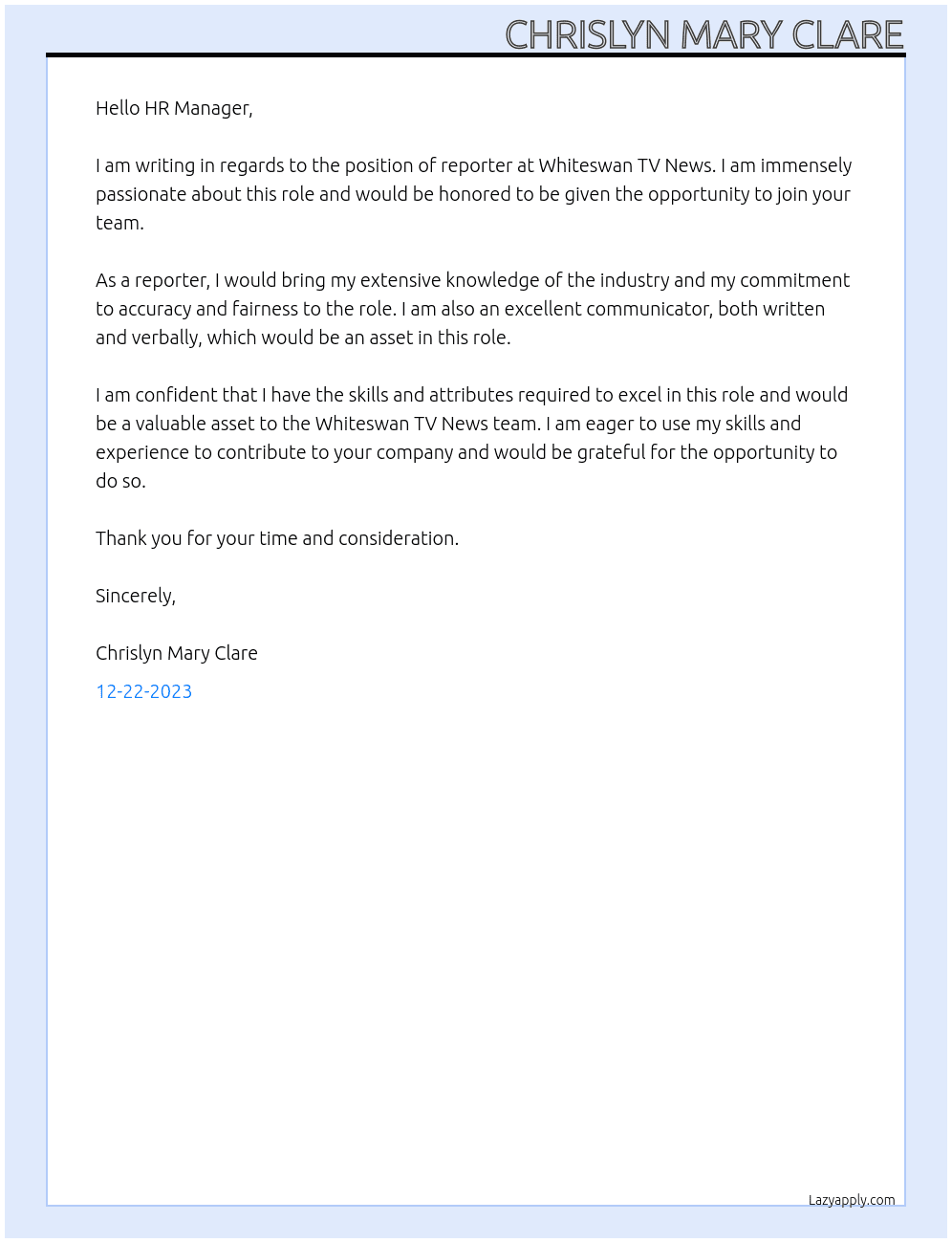 reporter  At whiteswan tv  news  Cover Letter