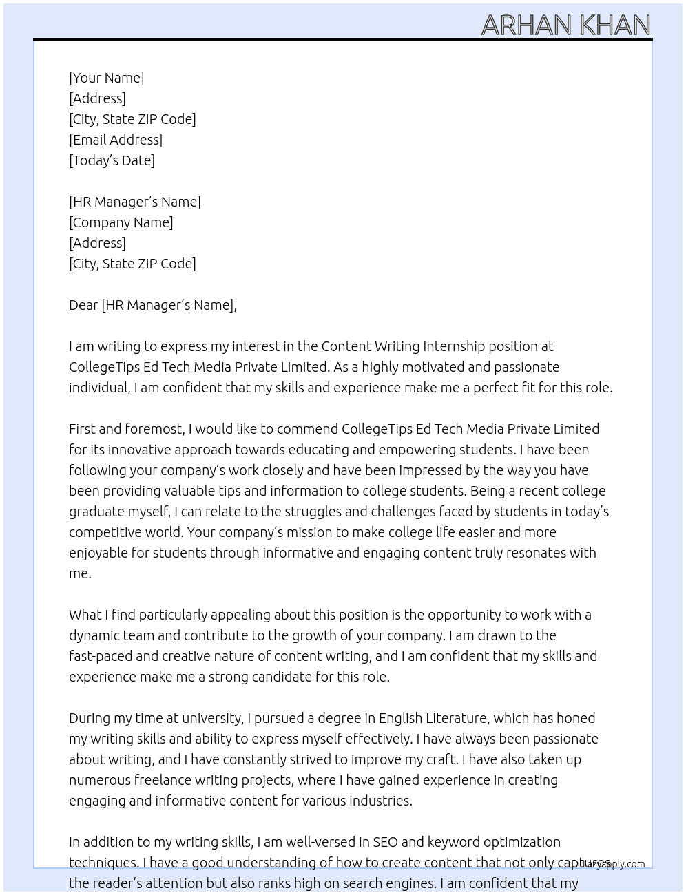 Content writing internship At CollegeTips Ed Tech Media Private Limited  Cover Letter