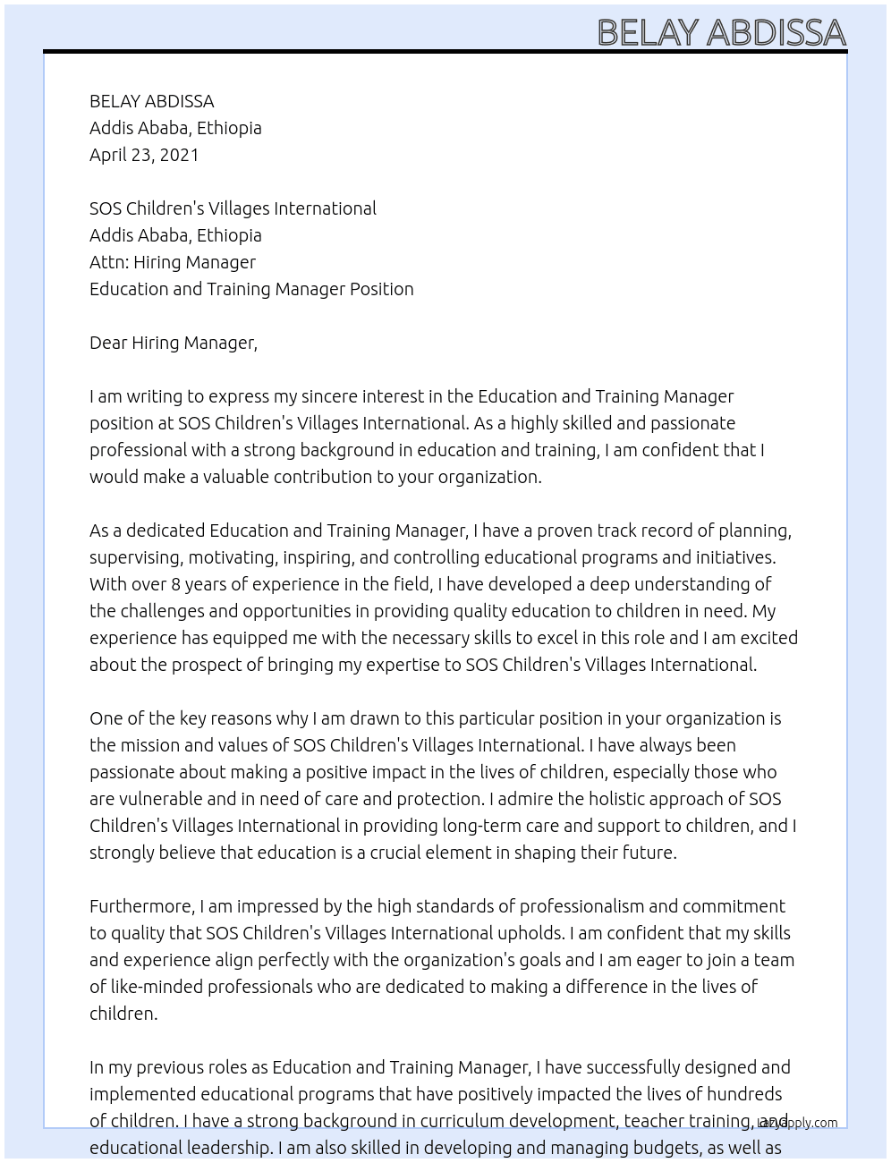 Education and Training Manager At Sos Children's Villages International Cover Letter